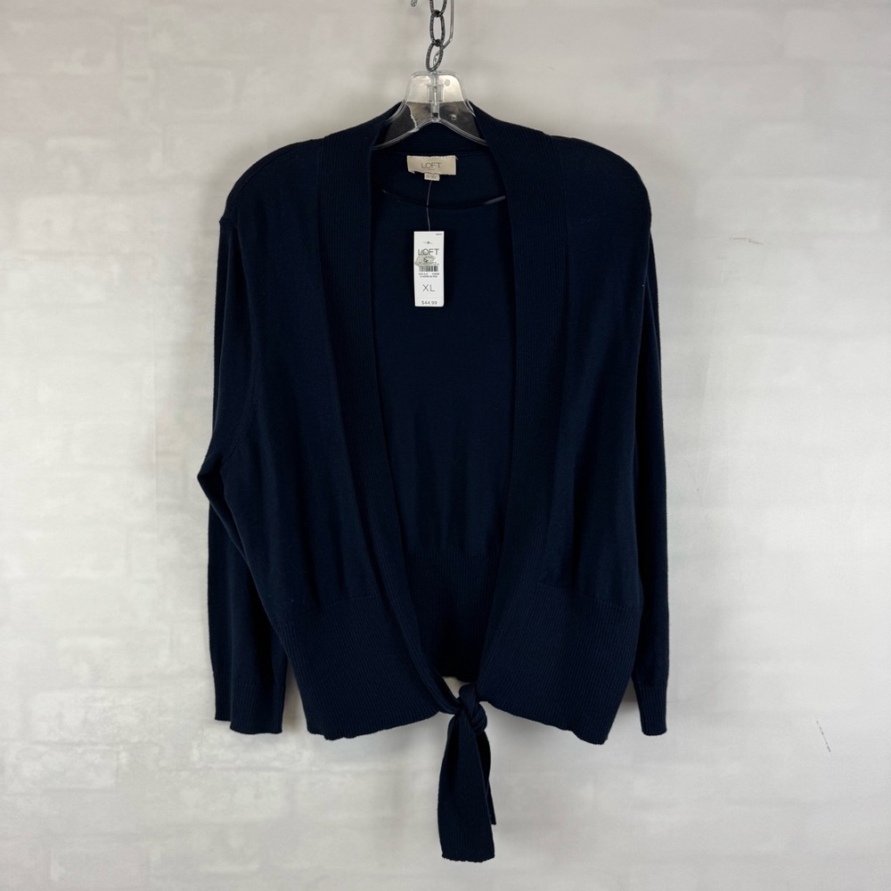 LOFT Navy Tie Front Open Cardigan Sweater XL Lightweight Knit NWT